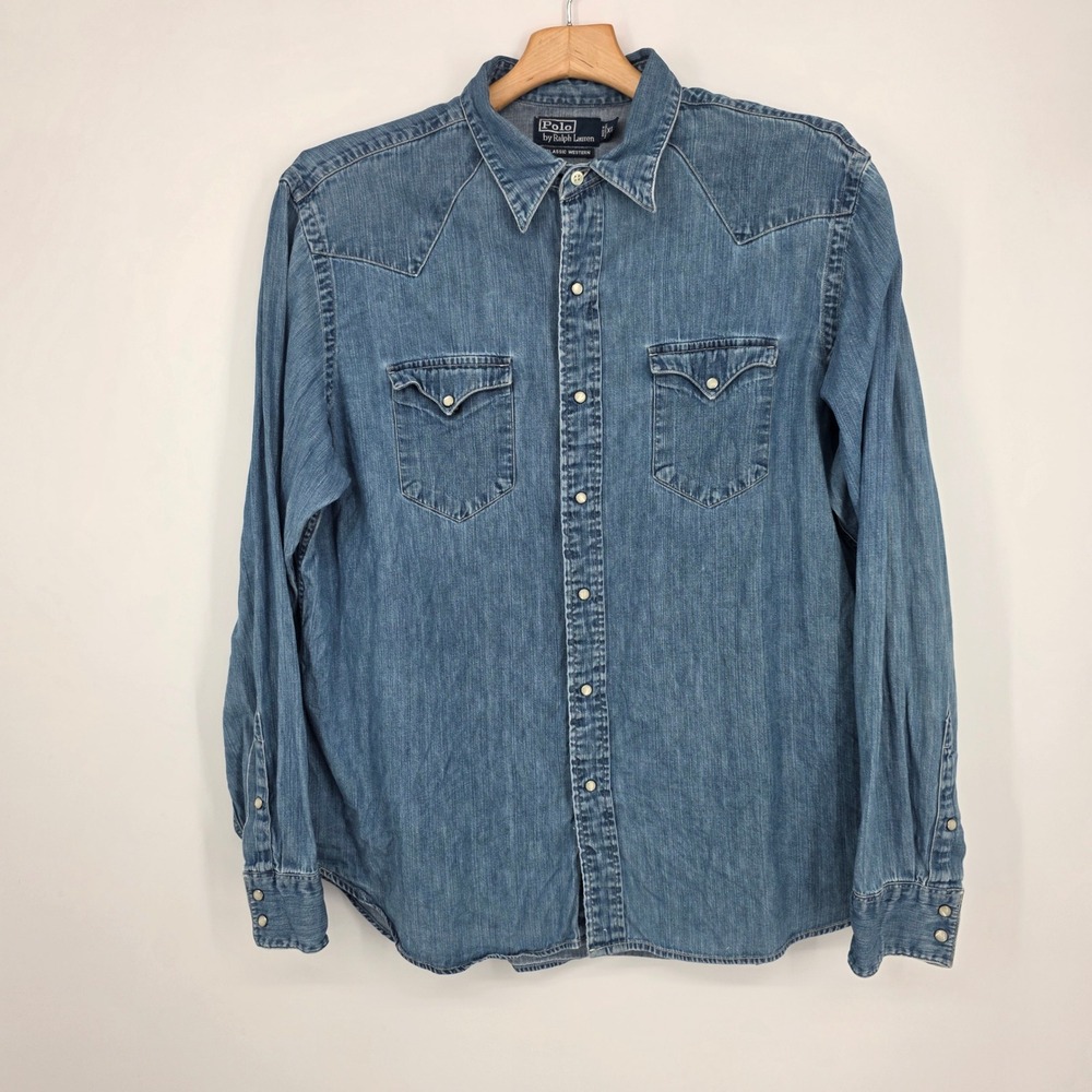 Vintage Ralph Lauren Classic Western Denim Shirt Mens XL Blue Pearl Snap